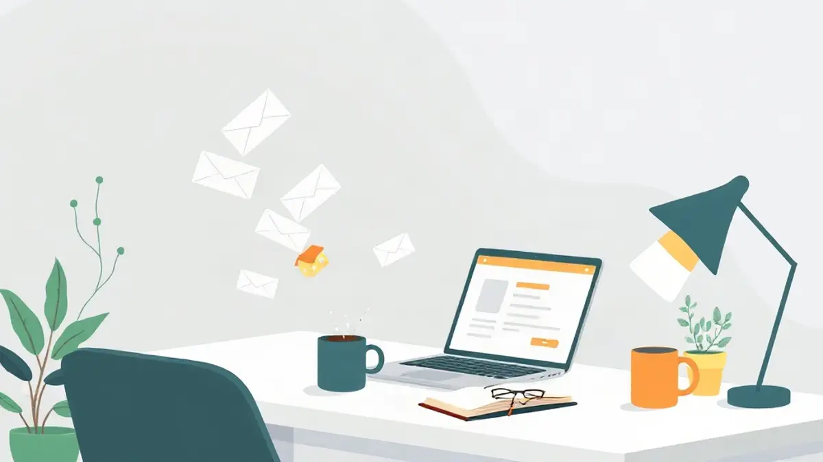 Illustration of a home desk with a laptop and envelopes flying out of the screen