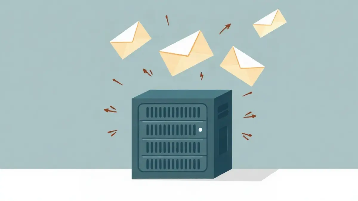Illustration of envelopes moving in and out of a small server