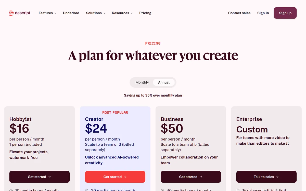 Descript pricing page (screenshot)
