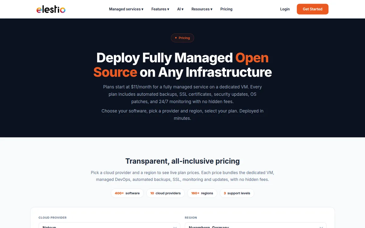 Elestio pricing page (screenshot)