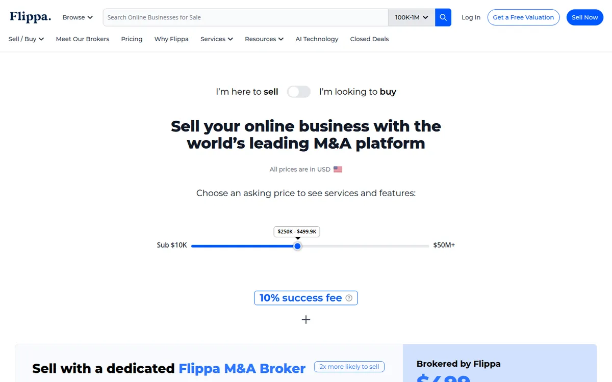 Flippa pricing page (screenshot)