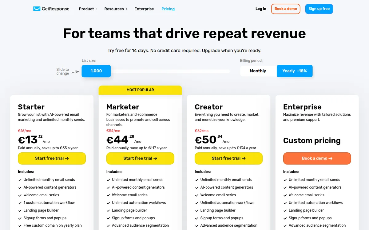 GetResponse pricing page (screenshot)