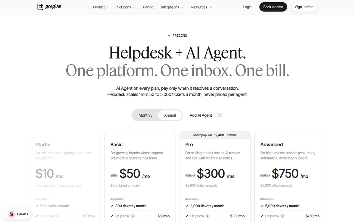 Gorgias pricing page (screenshot)