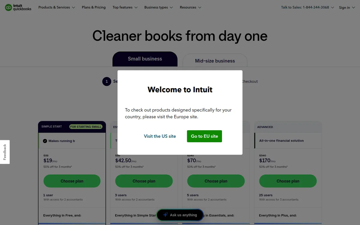 QuickBooks Online pricing page (screenshot)
