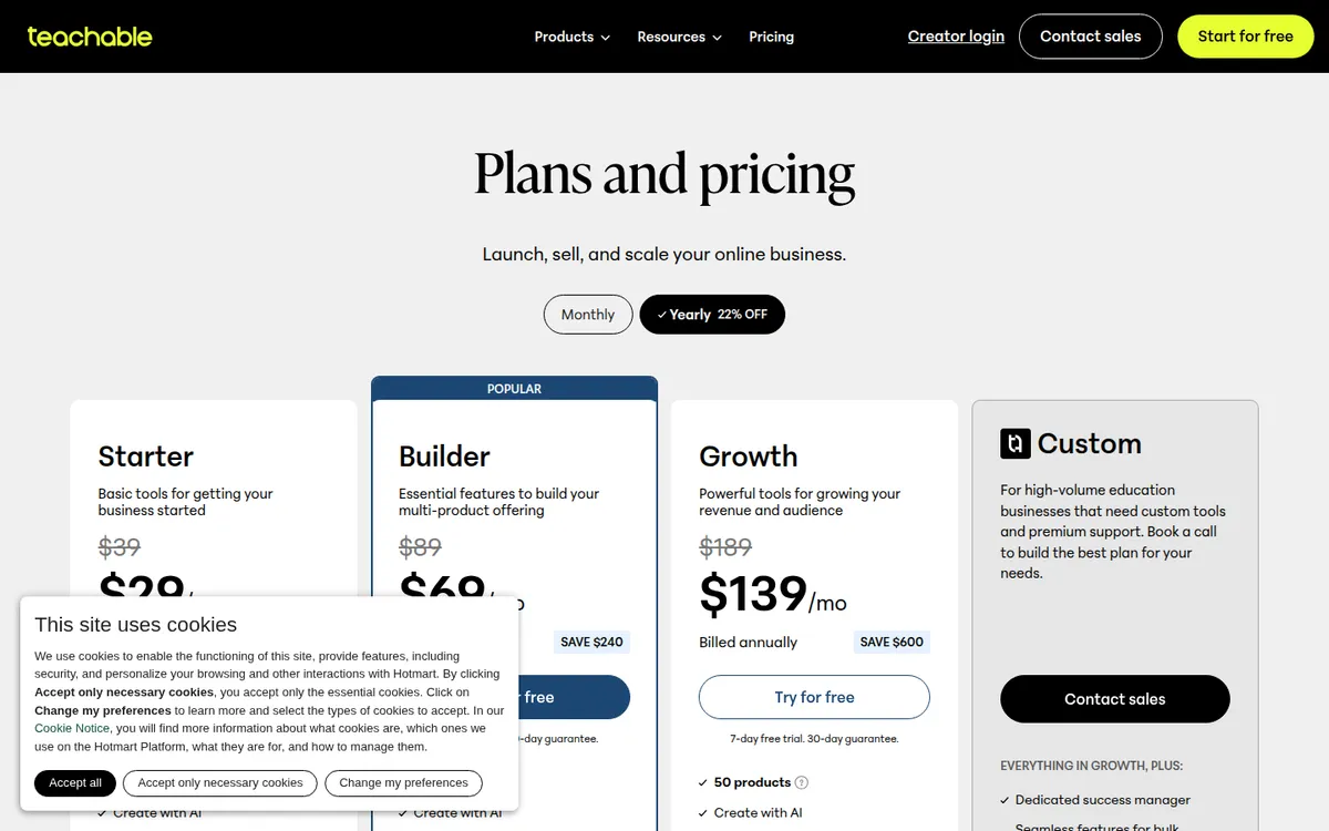Teachable pricing page (screenshot)