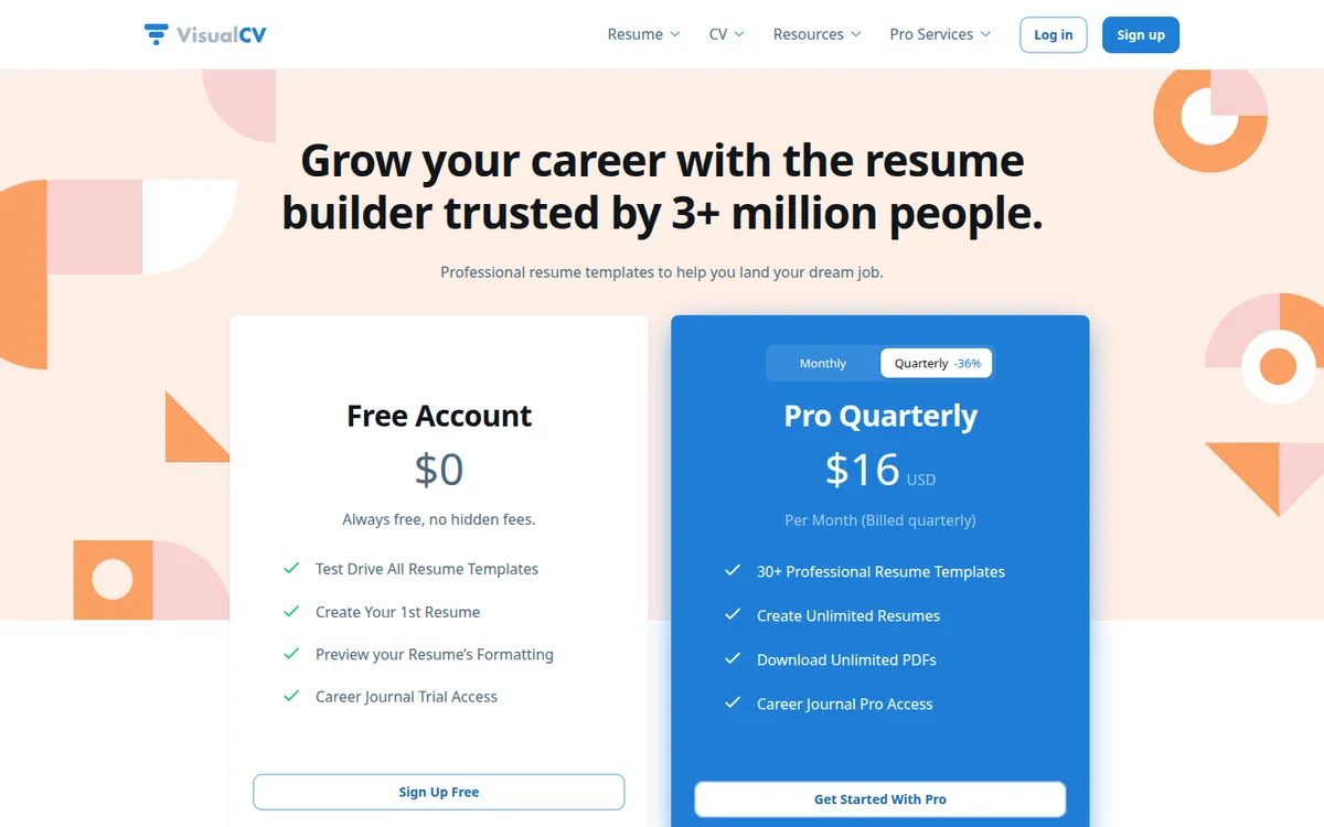 VisualCV pricing page (screenshot)