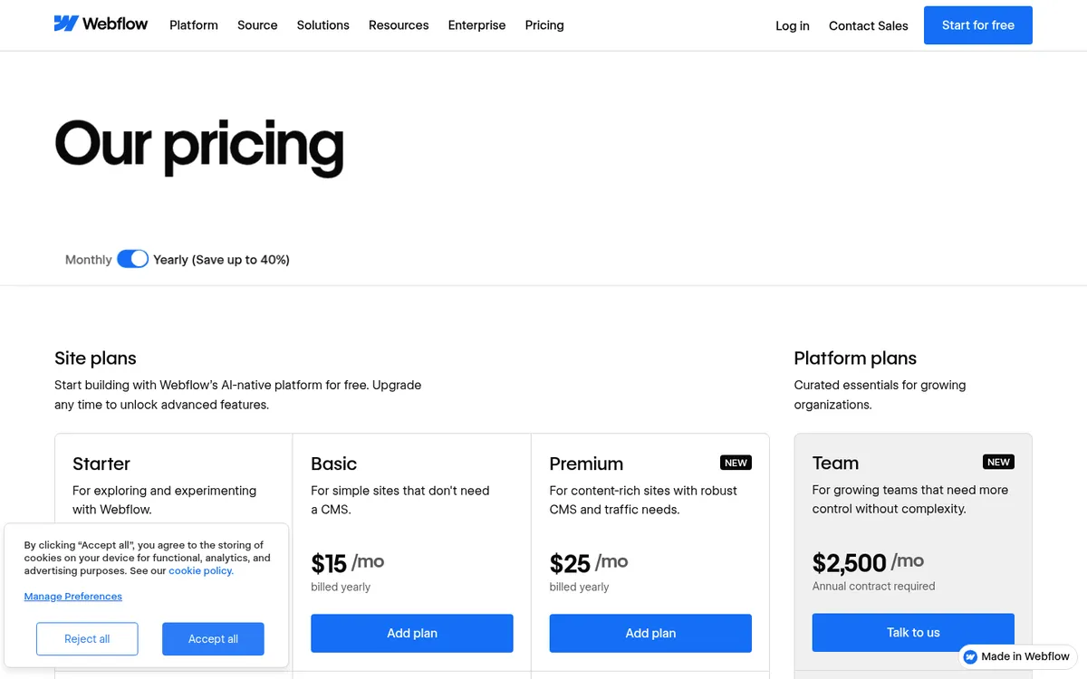 Webflow pricing page (screenshot)